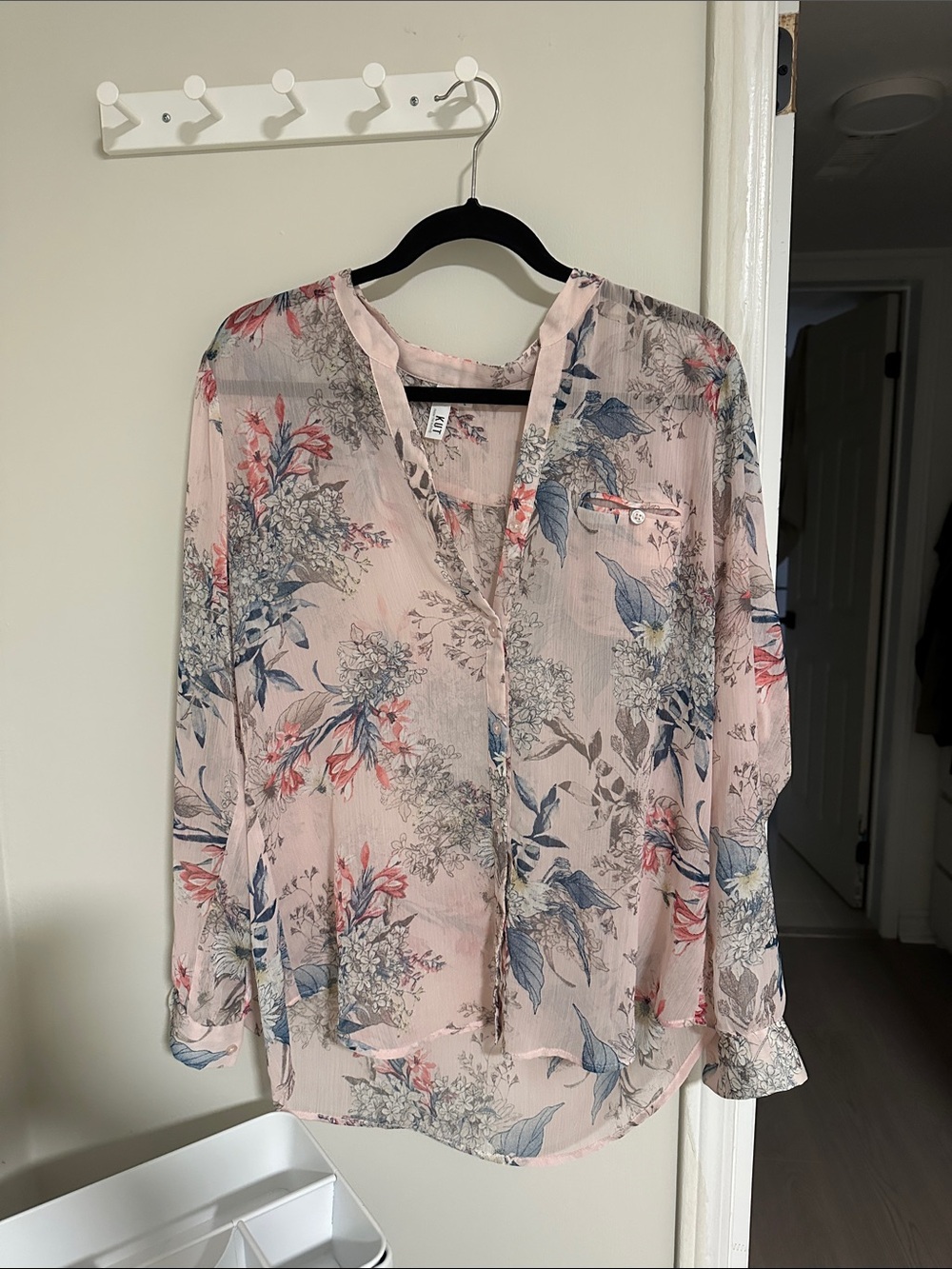 Kut from the Kloth Blush Pink Floral Semi-Sheer Button Blouse